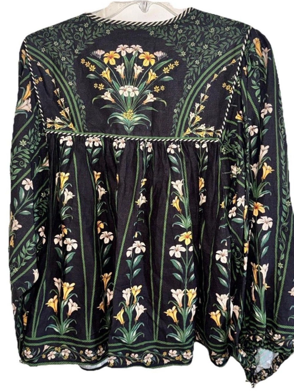 FARM Rio Black Floral Peasant Blouse with Green and Yellow Accents